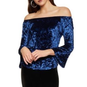 Blue Crushed Velvet Off The Shoulder Top